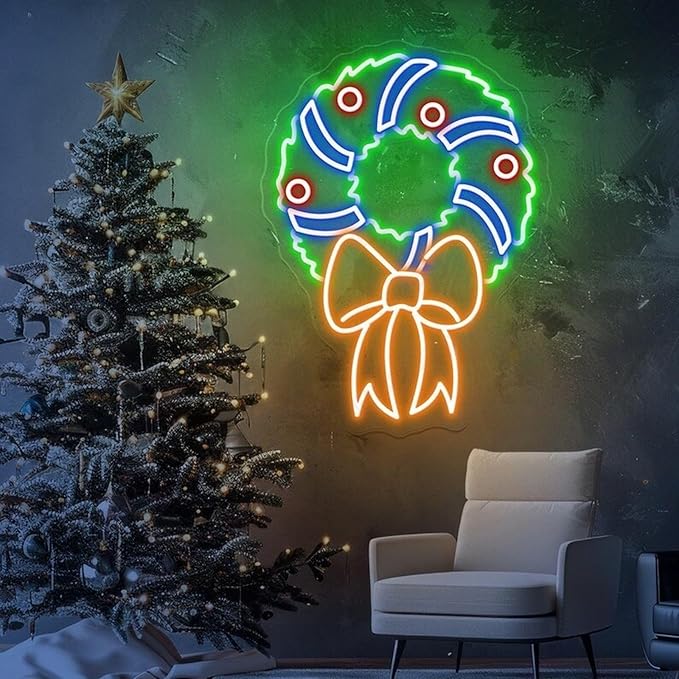 Christmas Wreath For Front Door Neon Sign - Dimmable, Customizable Colors, Festive Style, Ideal Christmas Neon Sign & Neon Signs for Wall Decor, Perfect for Living Room, Bedroom, Party, Store Window, Great Gift