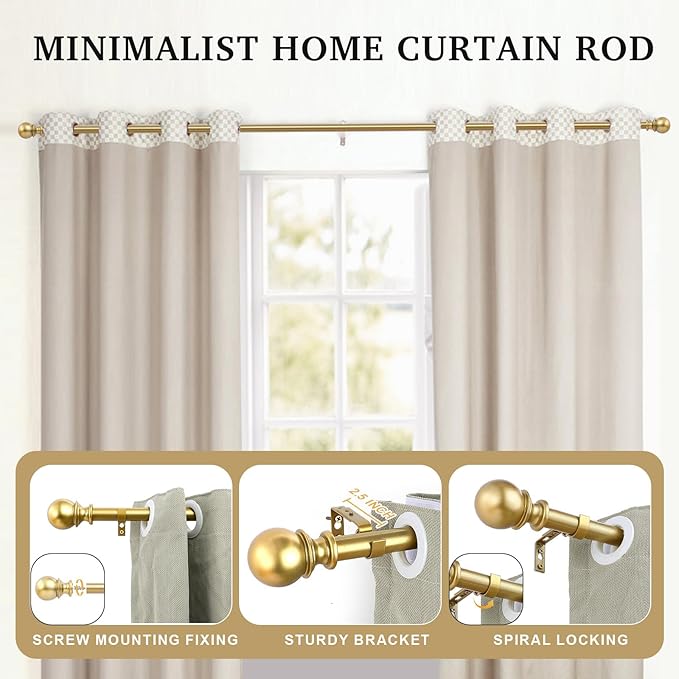 Curtain Rods - 1" Diameter, 32-48" Standard Decorative Window Curtain Rod Set with Brackets for Bathroom, Kitchen, Bedroom - Gold