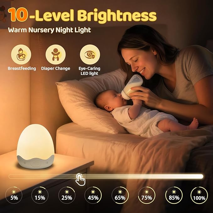 Baby Night Light for Kids,10 Brightness+10 Colors Egg Light for Nursery,Touch+Remote+3600mAh Rechargeable Egg Night Light for Baby Nursery,Warm Light for Breastfeeding 1h Timer&Portable,Newborn Gifts