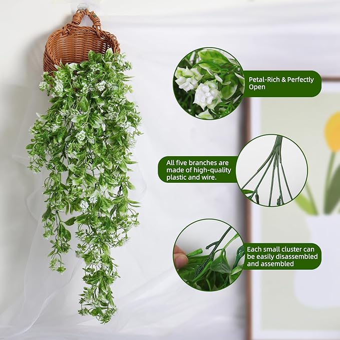 RECUTMS 2Pcs Fake Hanging Plants Artificial Hanging Flowers for Outdoor Decoration Faux White Flowers Artificial UV Resistant Plastic Greenery Vines Ivy for Outdoor Indoor Garden Party Decor（White）