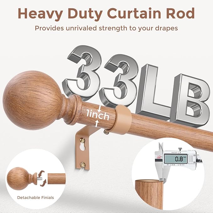 Wood Curtain Rods for Windows 30 to 56 Inch, 1 Inch Boho Decorative Vintage Drapery Rod with Faux Wooden Grain Finials, Adjustable Heavy Duty Rustic Farmhouse Spliced Metal Curtain Pole