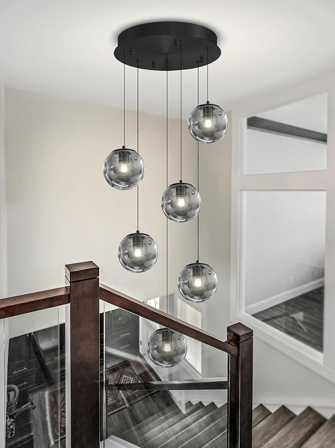 6-Light Globe Glass Pendant Light Modern Smoke Gray Glass Globe Chandelier Large Chandeliers for High Ceilings Entryway Adjustable Hanging Light for Living Room Foyer Hallway