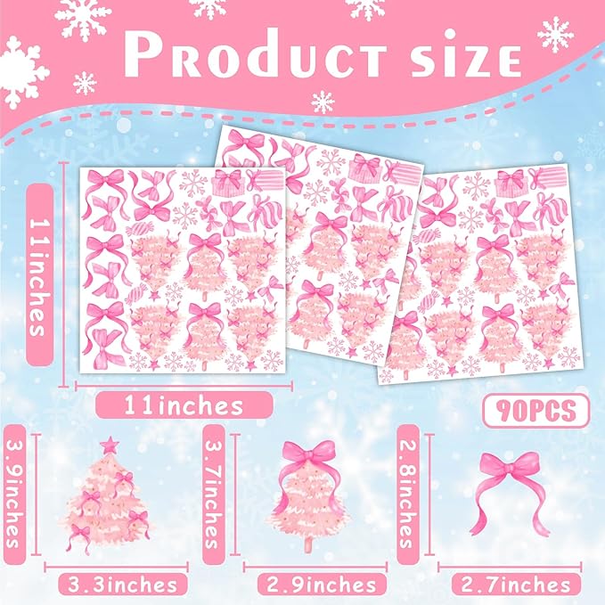Pink Christmas Wall Stickers Xmas Tree Wall Decals Peel and Stick Bow Sticker for Walls Decoration Indoor Bowtie Decals for Crafts Snowflakes Coquette Art Murals for Girls Bedroom Living Room Decor