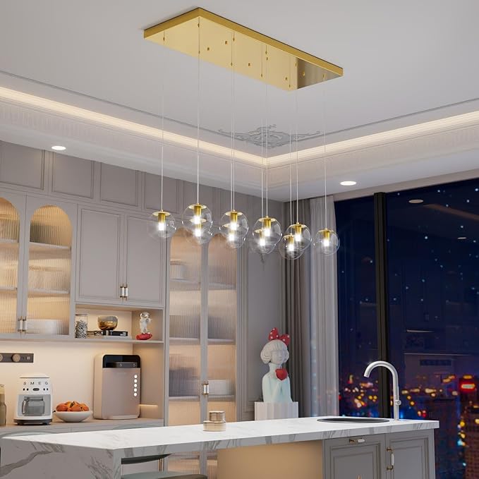 10-Lights Chandeliers for Dining Room Glass Globe Pendant Light Gold Chandeliers Rectangle Pendant Ceiling Light Fixture for Kitchen Island Dining Room Over Table Entryway Lighting Fixture