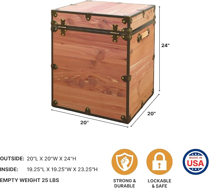 Rhino Trunk & Case Knotty Cedar Chest with Antique Brass Hardware – 20"x20"x24" End Table Storage Box, Coffee Table, End of Bed Trunk or Entryway Storage Bench Furniture – USA-Made, Heirloom Aesthetic