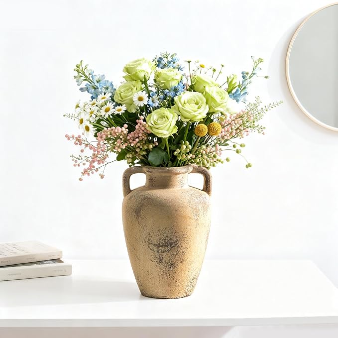 Rustic Vase for Flower, 8.85 inch Ceramic Vintage Vases with Handle, Tall Terracotta Christmas Farmhouse Vase for Home Decor, Living Room Shelf Decor, Enterway, Table, Lyeec