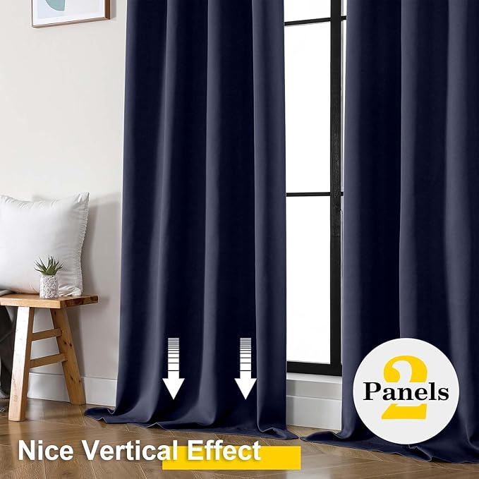 Navy Blue Blackout Curtains for Bedroom Living Room 90 Inches Long 2 Panels, Soft Solid Room Darkening Thermal Insulated Window Treatments, Rod Pocket Curtain, 50" Wx90 L
