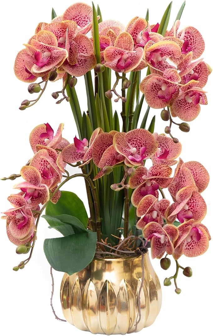 CXGS Artificial Orchid Flower Real Touch Faux Orchids in Ceramic Vase Large 22.9'' Fake Flowers Purple Dapple Phalaenopsis Floral for Home Indoor Decor
