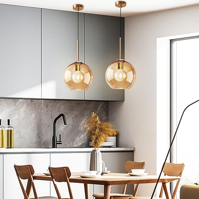 Amber Glass Pendant Lights Kitchen Island Lighting Globe Pendant Light Fixtures Modern Pendant Lighting for Kitchen Island Bedroom Living Dining Room Light Fixture(7.9in, 3-Pack)