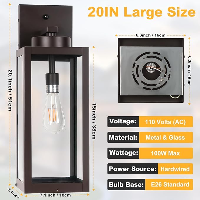 20" Large Dusk to Dawn Outdoor Wall Lantern with Closed Bottom - Oil Rubbed Bronze Outdoor Porch Lantern Wall Mounted, Waterproof Modern Outside Wall Sconce Coach Lamp for House, E26, 2 Packs