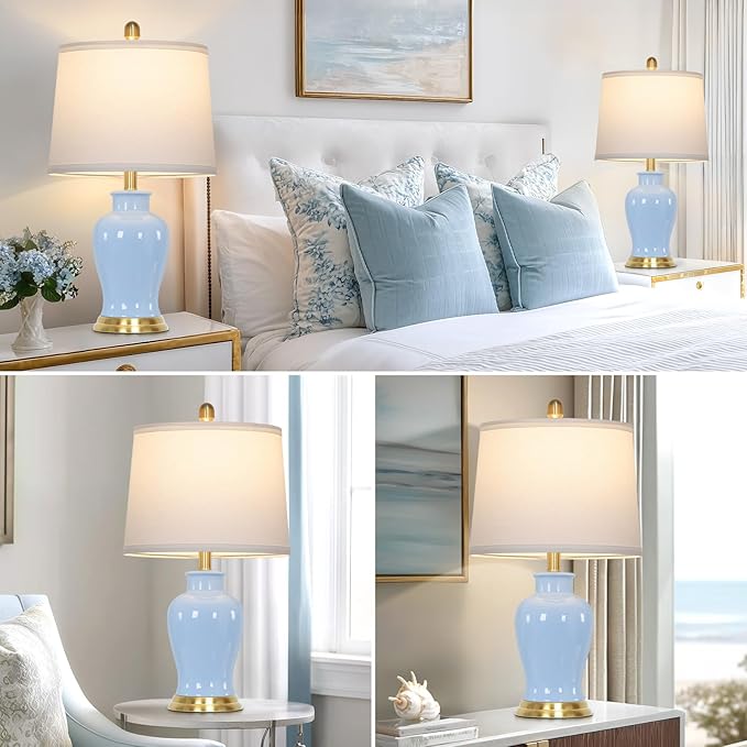 Blue Ceramic Table Lamps Set of 2, 23" Coastal Ceramic Lamps with Ginger Jar Design, Modern Bedside Lamp for Living Room End Table, Elegant Bedroom Lamp for Nightstand Desk Side Home Decor