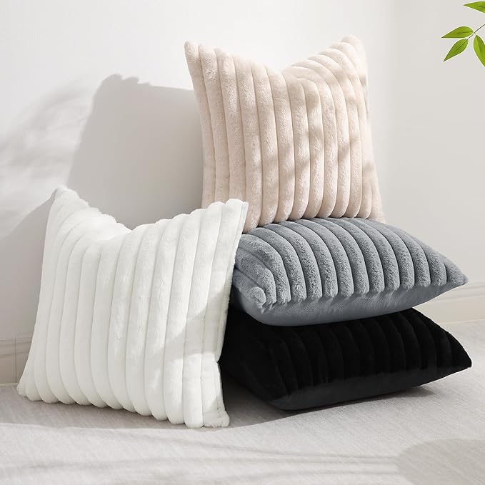 decorUhome Faux Fur Christmas Throw Pillow Covers 12x20 Set of 2, Decorative Soft Plush Striped Lumbar Neutral Couch Euro Pillow Covers with Velvet Back for Sofa, Bed, Living Room Home Decor, White