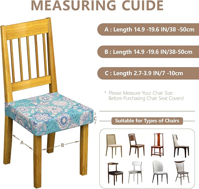 Stretch Dining Chair Seat Covers Set of 6,Dining Chair Slipcovers, Floral Printed Chair Covers,Soft Fabric Washable Upholstered Chair Seat Protector, No Rear Covers for Home Kitchen Dining Room