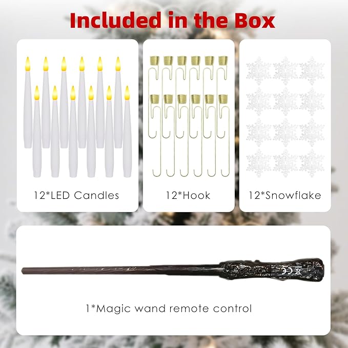 Christmas Tree Candles with Magic Wand 12 Pack Flameless Candles for Christmas Tree Flickering Battery Operated LED Candle for Holiday Home Party Decor with Snowflake