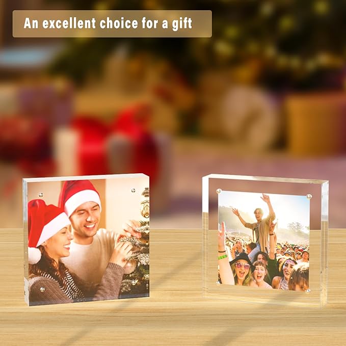 HELPLEX 5 Pack 5x5 Acrylic Picture Frames, 20mm Thicker Frameless Clear Frame Double Sided Magnetic Frame, Free Standing Desktop Display Stand Acrylic Frames