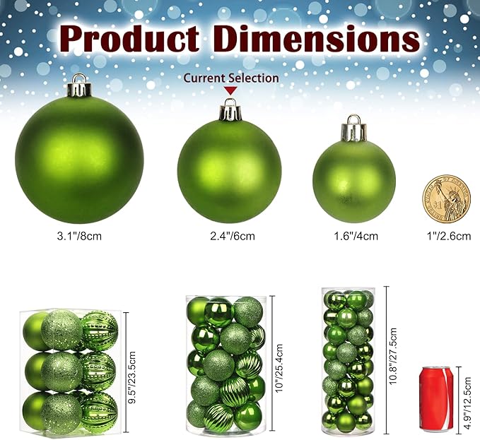 2.36" Green Christmas Balls Ornaments 25 Pcs Shatterproof Christmas Ornaments Set Small Light Green Ornament for Xmas Tree Halloween Holiday Party