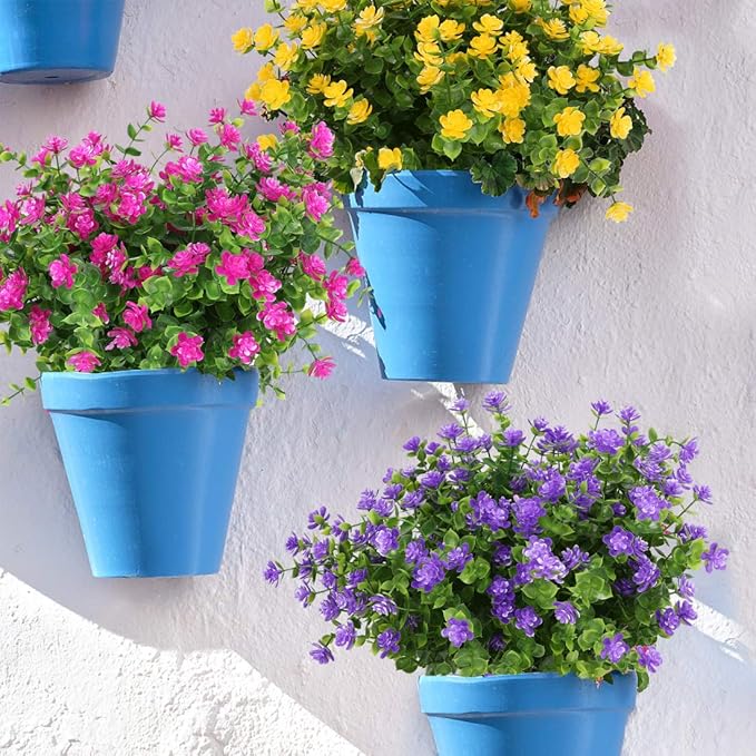 8 Bundles Artificial Flowers, Fake Artificial Greenery UV Resistant No Fade Faux Plastic Plants for Wedding Bridle Bouquet Indoor Outdoor Home Garden Kitchen Office Table Vase (Purple)