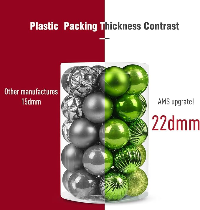 AMS 34ct Christmas Ball Mini Ornaments Party Decorations Shatterproof Festival Pendant Hangings for Xmas Tree Decor(1.57''/40mm,Green)