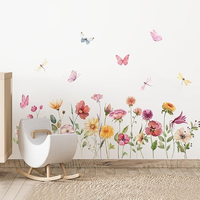Watercolor Garden Flower Wall Decals, Peel and Stick Creative Colorful Butterfly Floral Wall Stickers, Multicolor Wildflower Wall Decor for Girls Room Nursery Bedroom Window