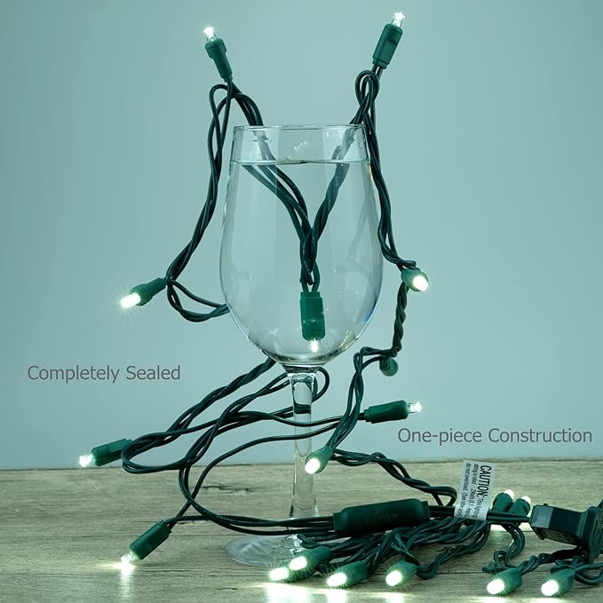 YULETIME Cool White 5MM LED Christmas Lights, 50 ft 100 Count 6" Spacing One-Piece High Waterproof Wide Angle UL Certified String Light (6“ Cool White - Green Wire)