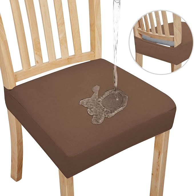 Easy-Going 100% Waterproof Seat Covers for Dining Room Chairs Set of 6, Stretch Chair Seat Slipcovers Protector Removable and Washable Kitchen Dining Chair Covers, Brown