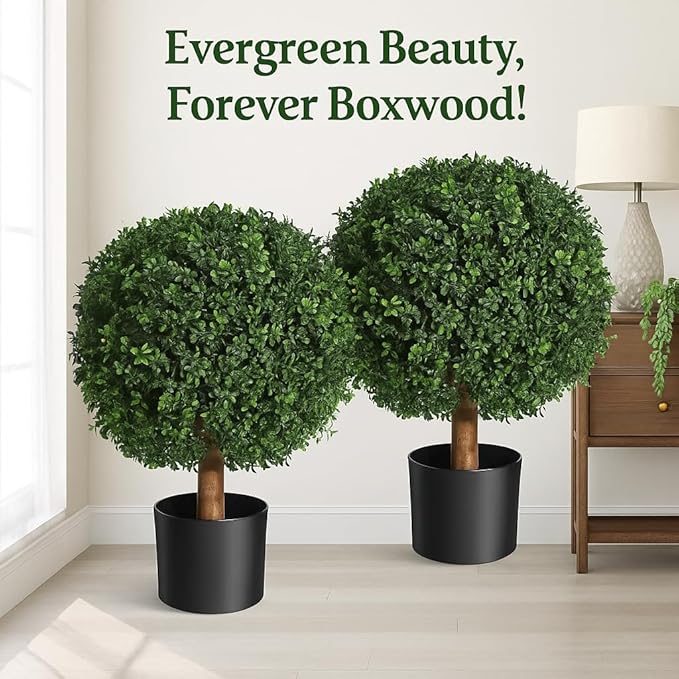 Real Touch Leaves Artificial Topiary Trees, 24" T with 17" W Faux Boxwood, Set of 2 UV Resistant Plants, Decorative Indoor Outdoor Trees with 6"x5" Pots for Home, Office, and Garden Decor