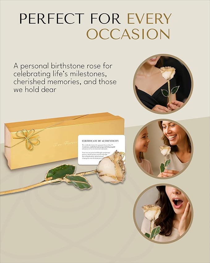 Forever Rose Hand-Dipped in 24K Gold, Diamond-Inspired April Birthstone with Sparkles, Real Rose in Luxury Gold Gift Box – Perfect Ready to Gift for April Birthday or Any Occasion
