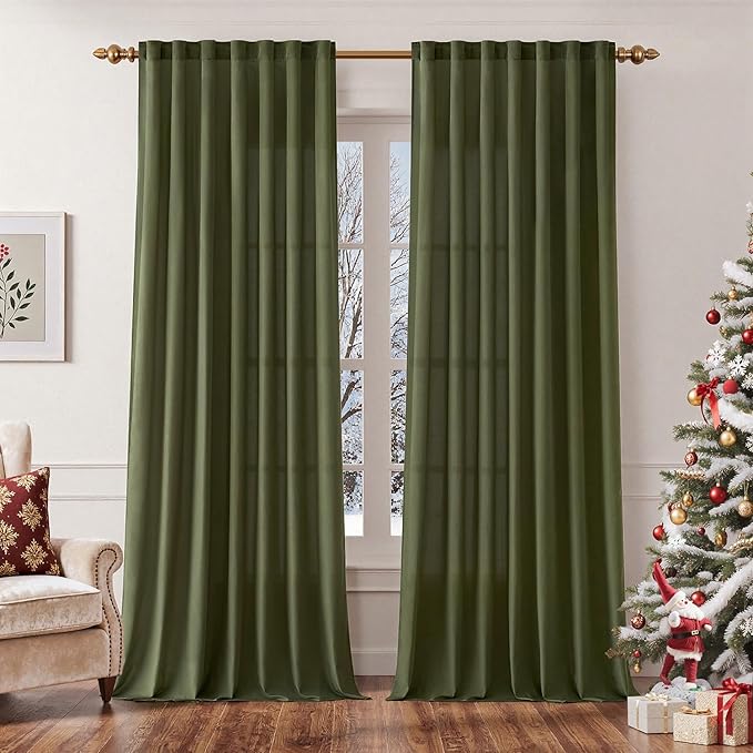 EMEMA Privacy Sheer Curtains 96 Inches Long 2 Panels Set, Olive Green Non-See-Through Light Filtering Semi Sheer Curtains for Bedroom Living Room, Window Drapes That Let Light in, 42x96 Inch