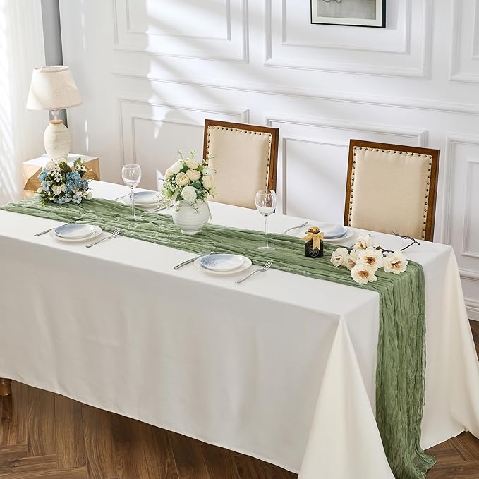BALCONY & FALCON Sage Green Cheesecloth Table Runner 10FT 120 Inch Rustic & Boho Farmhouse Gauze Cheese Cloth Runners for Wedding Fall Thanksgiving Christmas Party Baby Shower Birthday Decor