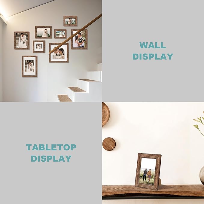 iRahmen 8x8 Picture Frame Set of 4 with HD Glass, Display 6x6 Pictures with Mat or 8 x 8 Without Mat, Rustic Wood Photo Frame for Wall Mount and Tabletop Display
