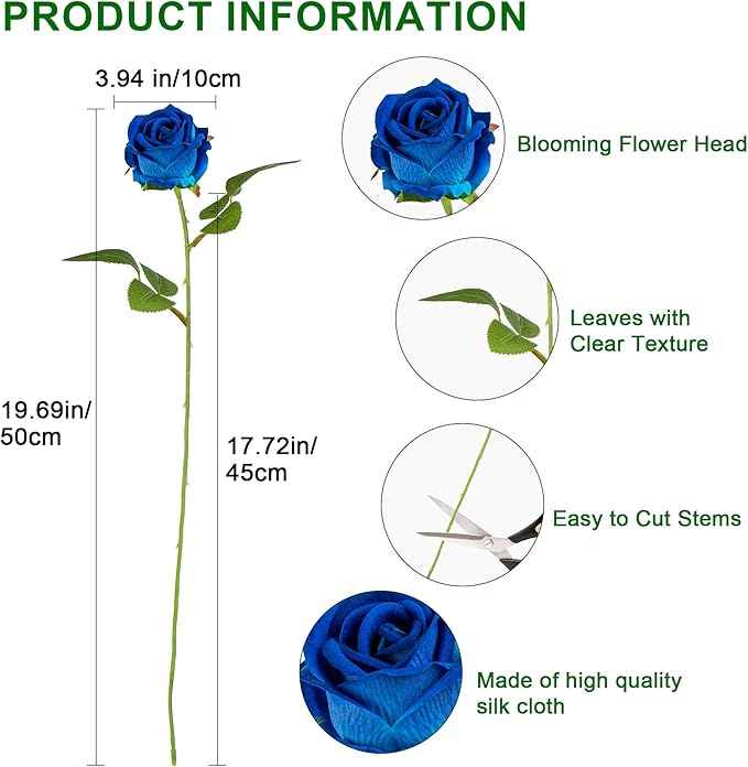 Artificial Flowers Roses Touch Fake Rose Bouquet Flower Stem For Wedding Centerpieces Diy Wreath Home Decorations Silk Roses Mothers Party Fake Outdoor Flowers Decor 19.6"(White & Blue 50PCS)
