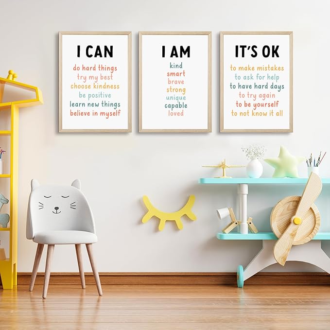 Kids Affirmation Wall Art Positive Canvas Wall Decor Inspirational Quotes Wall Art Motivational Words Pictures Daily Affirmations Poster Nursery Prints for Playroom Children Room 16x24x3 Inch Framed