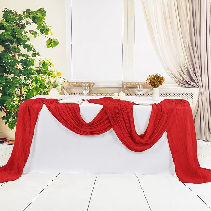 12 Pack Red Cheesecloth Table Runner,10FT Gauze Boho Table Runner 20x120inch Rustic Sheer Cheese Cloth Table Runner for Wedding Party Bridal Shower Table Thanksgiving Christmas Decoration