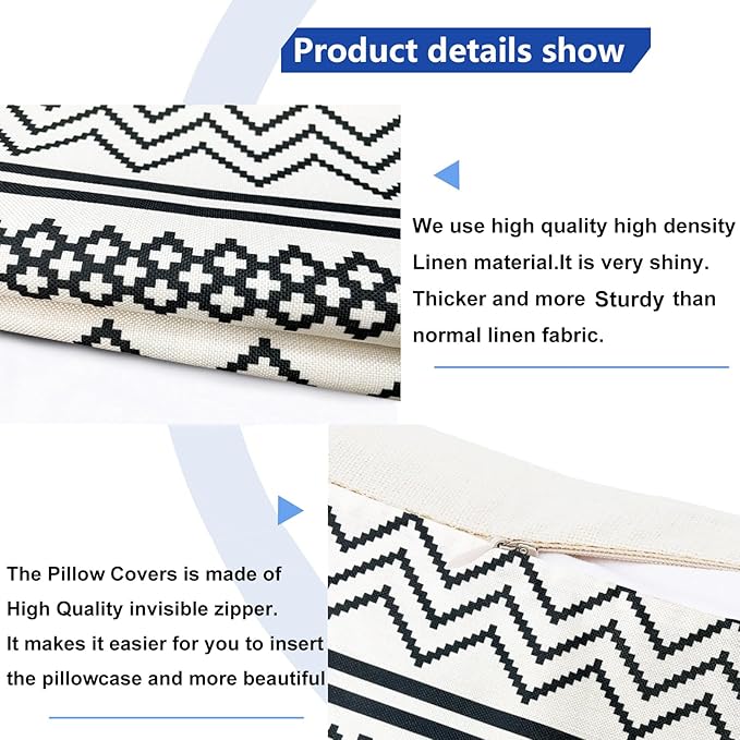 Decorative Throw Pillow Covers Set of 2 Black Boho Pillow Covers 20x20 Inch Throw Pillow Cover Linen Pillowcase Modern Boho Farmhouse Outdoor Pillow Covers for Couch Sofa Bed Living Room
