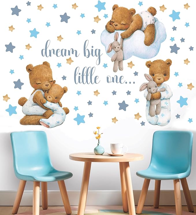 Blue Bear Wall Decals, Baby Boy Room Rabbit Wall Decor, Animal Stickers for Kids Playroom, Toddler Bedroom and Nursery Decoration, Removable Vinyl Decals, Peel and Stick, Moon, Stars.