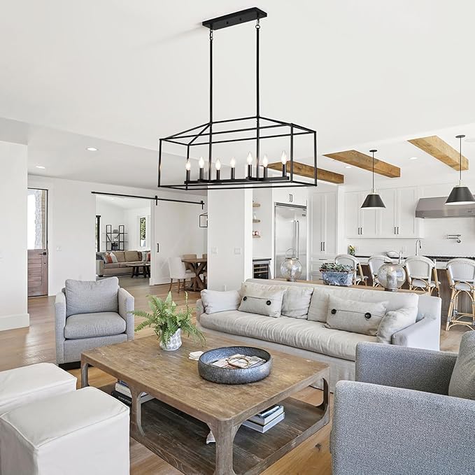 Dining Room Chandelier,7 Light Kitchen Island Light Modern Farmhouse Chandeliers Contemporary Pendant Light Matte Black Finish Rectangle Modern Pendant Light Adjustable Height