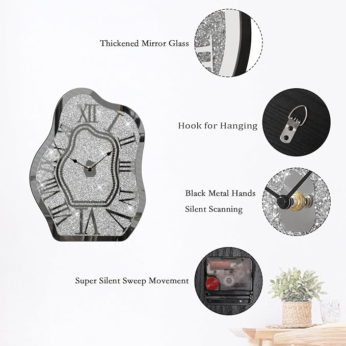 Modern Wall Clock for Living Room Decor Silver Crystal Crush Diamond Mirrored Clocks Irregular Mirror Clock Unique Wall Decorative for Bedroom Kitchen Dining Room
