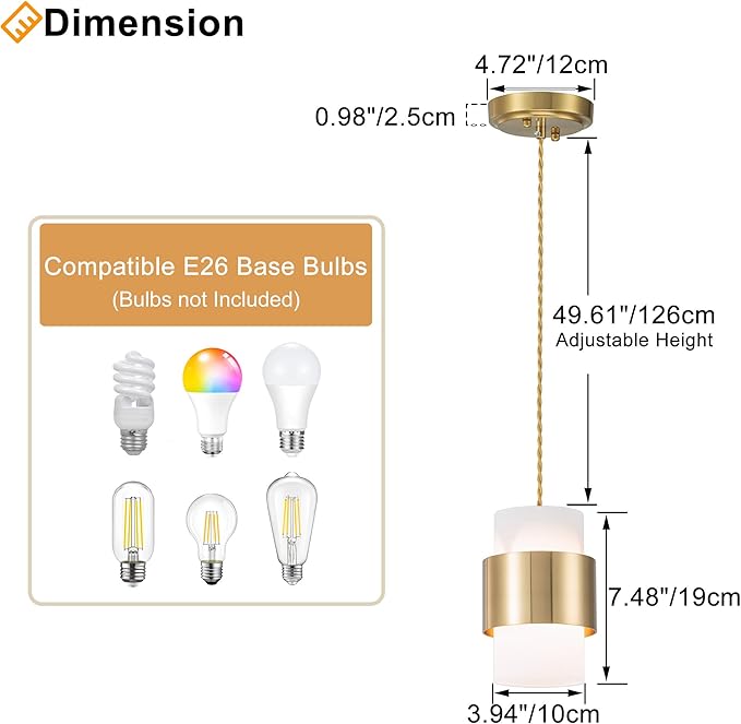 Modern Pendant Lighting, Gold Pendant Light Fixtures Ceiling Light for Kitchen Island Hallway Porch Corridor Bedroom with Frosted Glass Shade, 1 Light