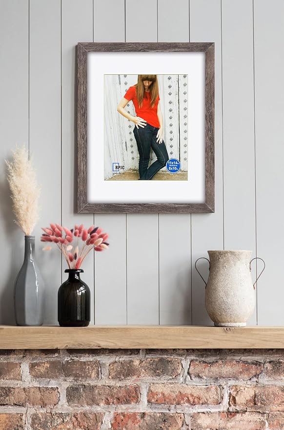 RPJC 11x14 inch Picture Frame Made of Solid Wood and High Definition Glass Display Pictures 8x10 with Mat or 11x14 Without Mat for Wall Mounting Photo Frame Driftwood Finish