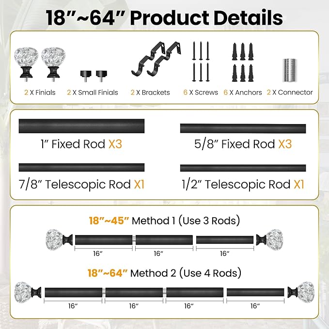 Matte Black Double Curtain Rod for Windows 28 to 48 Inch: Double Window Treatment Curtain Rod Heavy Duty Adjustable from28 to 48 Inch - Silver Foil Resin Finials and Double Curtain Rod