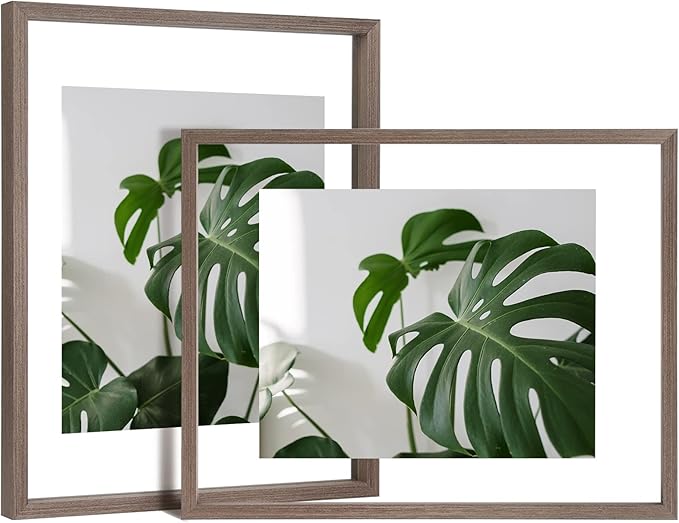 Egofine 11x14 Floating Frames Set of 2, Double Plexiglass Picture Frame, Made of Solid Wood Display Any Size Photo up to 11x14, Wall Mount or Tabletop Standing, Brown