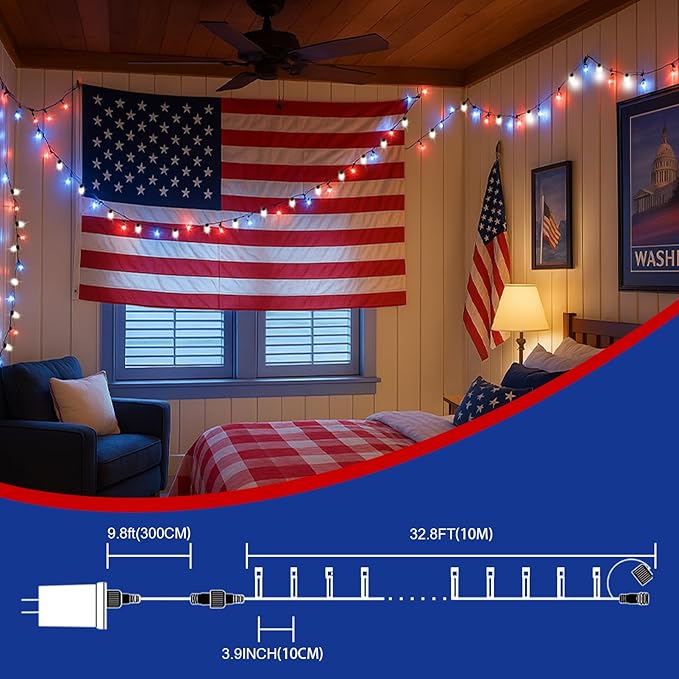 LAMPHOME 33ft Patriotic String Lights - Red White Blue Mini Lights, 100 LED Green Wire Fairy Starry String Lights Plug in, 11 Modes for Independence Day Celebration Party Memorial Day Decor