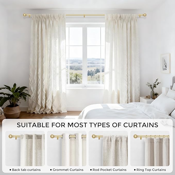 2 Pack Gold Curtain Rods, Curtain Pole for Window 48 to 84 Inch(4-7 Feet), 5/8 Inch Decorative Drapery Pole, Gold Splicing Curtain Rod Set, Size: 36"-88", Brass Gold