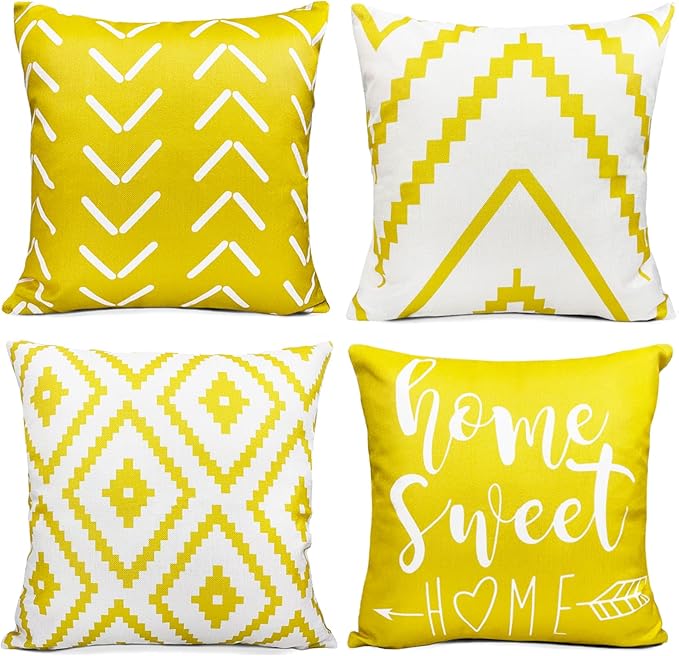 Decorative Throw Pillow Covers 18x18 inch Set of 4 Yellow Pillow Covers for Couch Sofa Bed Living Room,Farmhouse Outdoor Throw Pillow Cover,Modern Geometric Linen Square Throw Pillow Cases