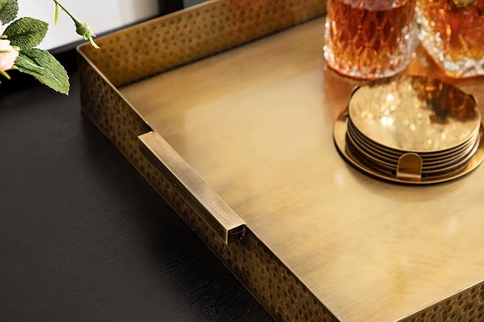 Kate and Laurel Samana Modern Glam Rectangle Metal Tray; 18 x 13 x 2; Brass; Rectangular Polished Stainless Steel Decorative Tray with Hammered Surface and Minimalist Handles