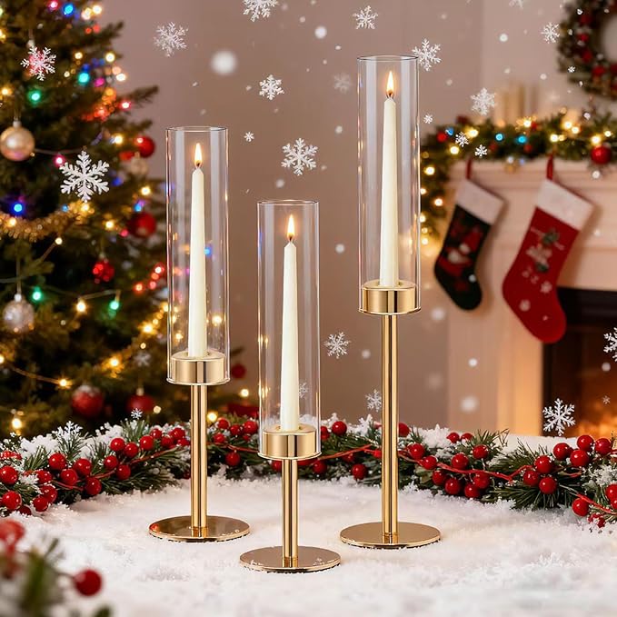 Rose Gold Taper Candle Holder Set, 3pcs Glass Hurricane Tall Candlestick Holders, Vintage Candelabra, Premium Gift Set for Home Decor Aesthetic, Birthday Parties, Weddings & Christmas Decorations