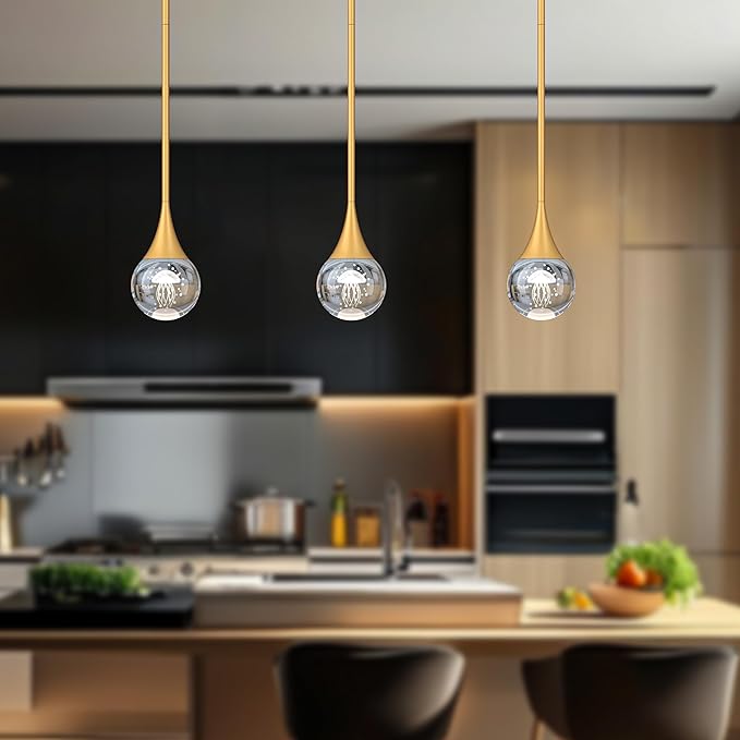 3-Pendant Lights Kitchen Island, Painted Gold Globe Crystal Ceiling Hanging Light Fxitures, LED Light Fixtures Metal Rod Ceiling Glass Pendant Lighting for Kitchen Island Dining Room Bar