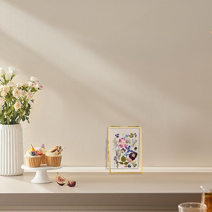 FOCHIER F 4x6in Pressed Flower Frame with Tweezers, Wall Hanging Tabletop Display Double Glass Frame with Metal Chain for Dried Flowers Plants, Horizontal and Vertical Picture Frame, Gold,FRAME ONLY