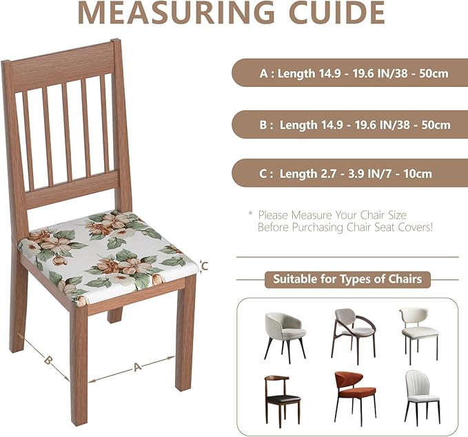 Stretch Dining Chair Seat Covers Set of 6,Dining Chair Slipcovers, Floral Printed Chair Covers,Soft Fabric Washable Upholstered Chair Seat Protector, No Rear Covers for Home Kitchen Dining Room