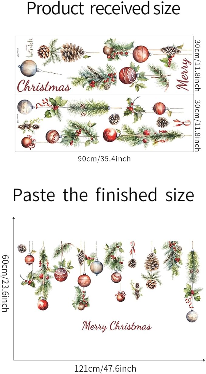 Christmas Wall Decals Winter Pine Cones Colorful Balls Removable Vinyl Waterproof Decorations Window Clings Stickers for Kid Room Bedroom Home Party Decor